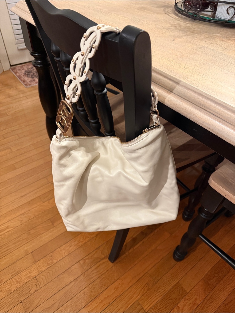 Sam Edelman Cream Leather Shoulder Bag with Decorative Chain Strap